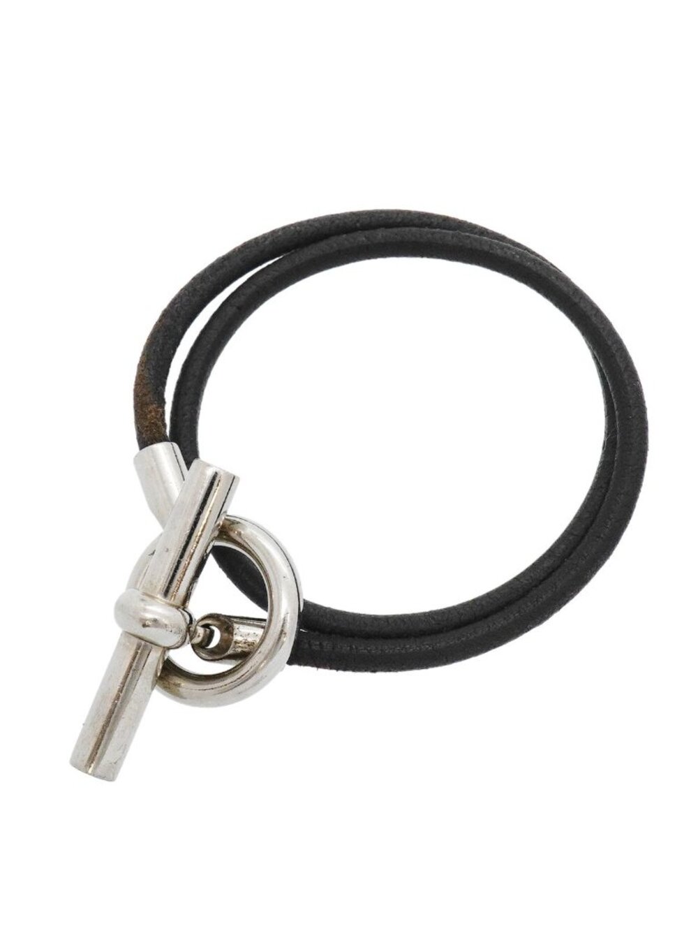 Hermes Bracelet Glenan Double Tour Metal Leather Silver Black